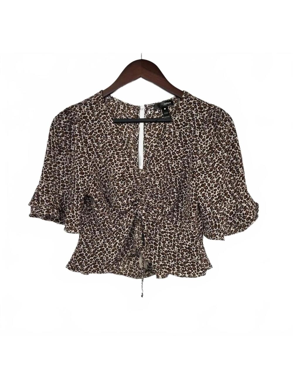 Aqua Size Small Leopard Print Cinch Front Flutter Sleeve Peplum Blouse